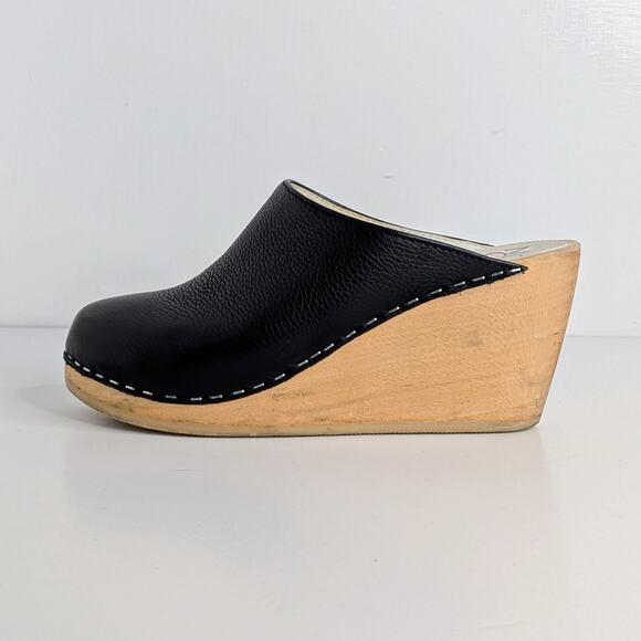 Maguba Shoes - Maguba Clogs Wedge Heels 37 Black Leather Wood Platform Scandinavian Boho